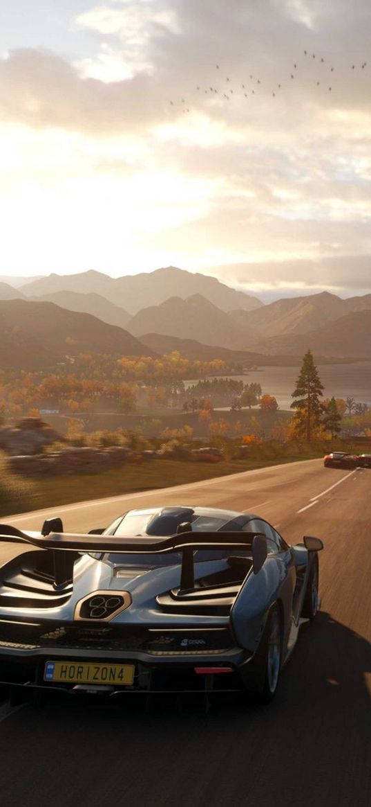 mclaren senna, mclaren, sports car, car, forza horizon, game, race, road, mountains, sunset, art