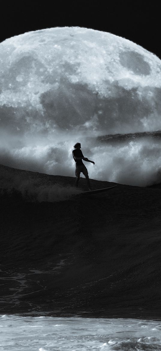 man, surfing, ocean, waves, moon, black and white