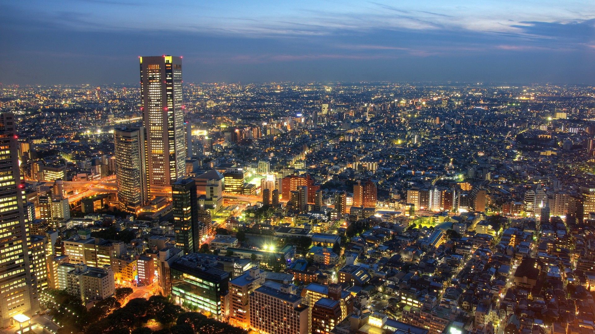 japan, tokyo, buildings, evening, lights city