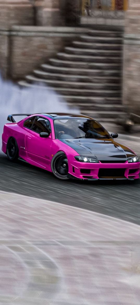 nissan silvia, nissan, car, pink, black, drift