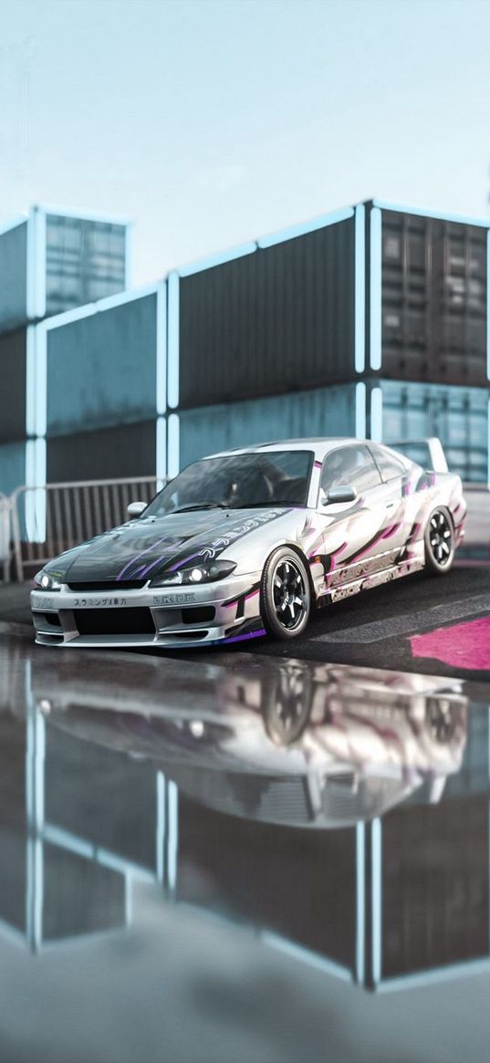 nissan silvia, nissan, car, tuning, warehouse, containers, water, reflection