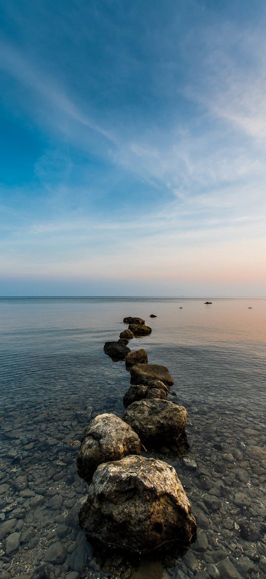 rocks, water, horizon, sky, clouds