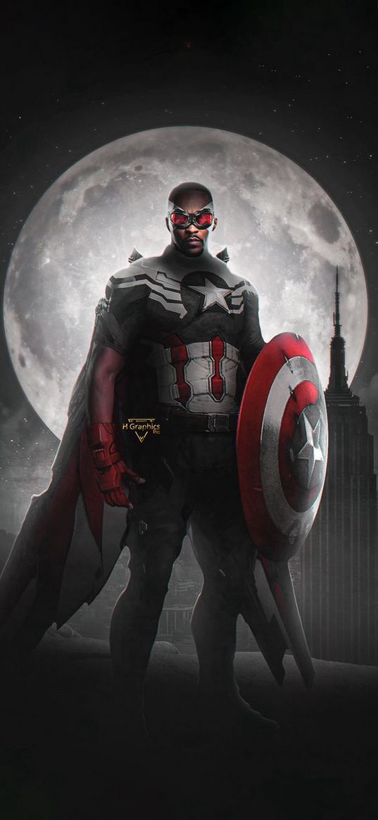 marvel, falcon, captain america, building, night, moon