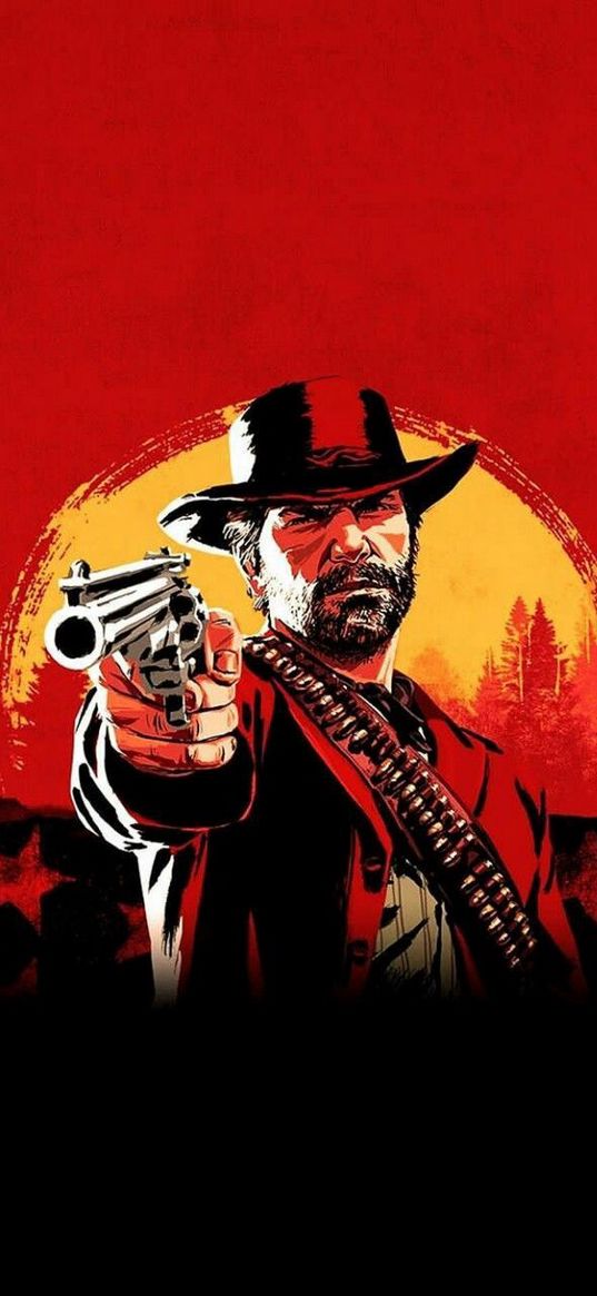 red dead redemption, rdr, game, cowboy, man, hat, revolver, sun, black, red, art