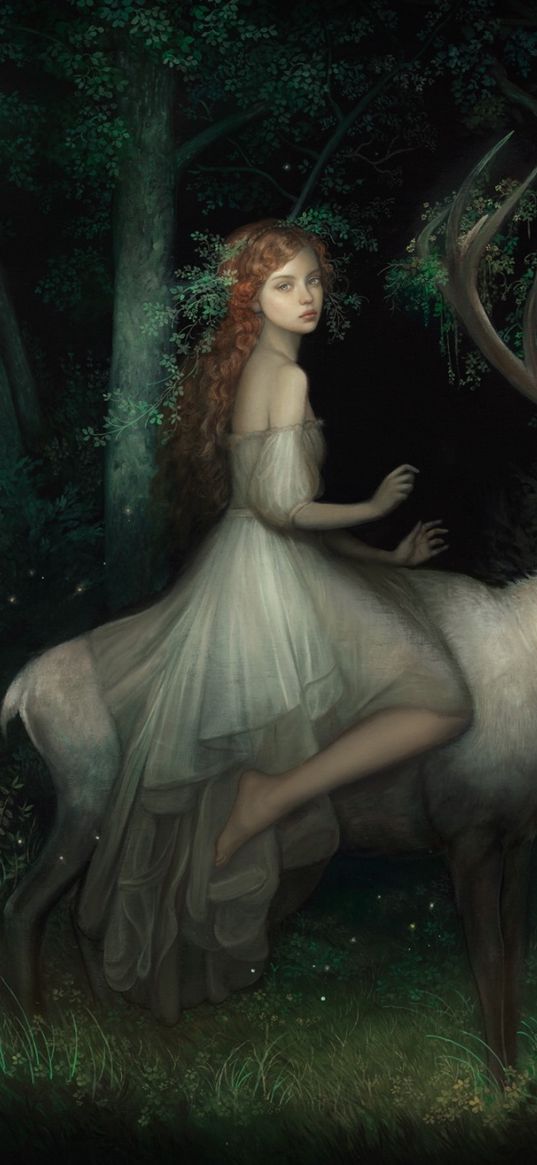 girl, deer, riding, trees, forest, dark, painting, art