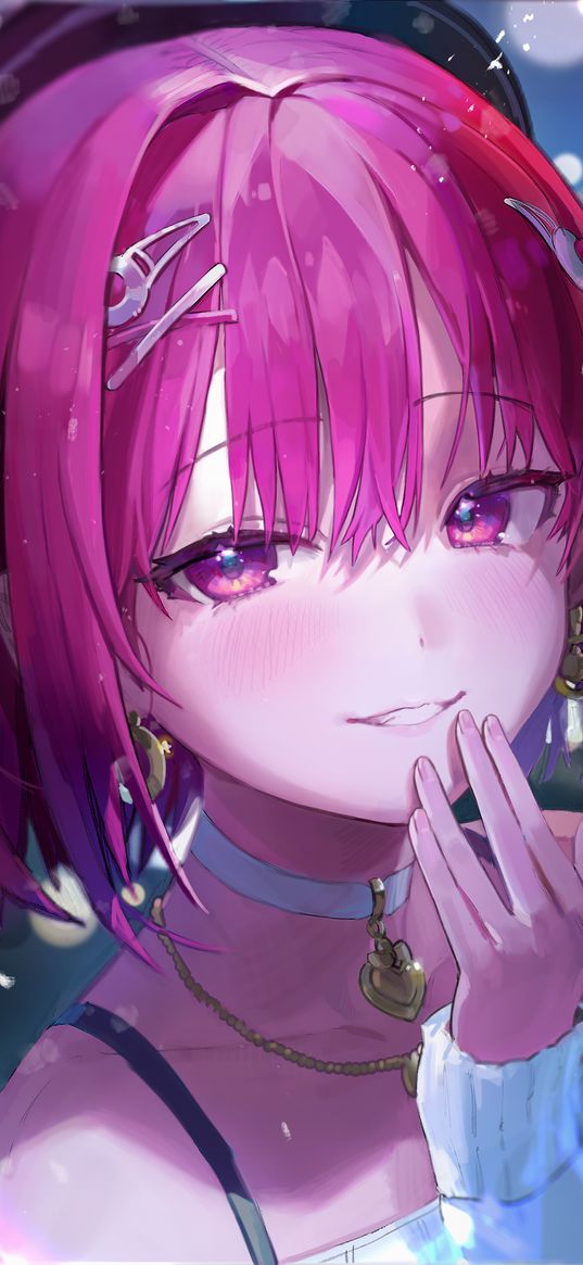 girl, pink hair, pink eyes, hairpins, jewelry, beautiful, cute, smile, anime, art