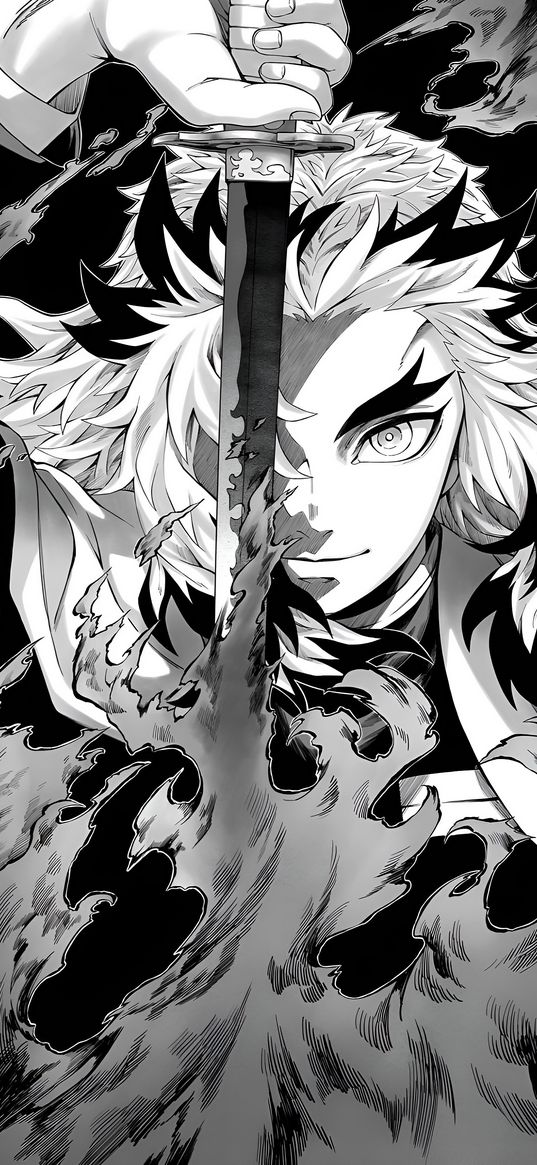 kyoujurou rengoku, demon slayer, anime, guy, sword, fire, flame, drawing, black and white, art