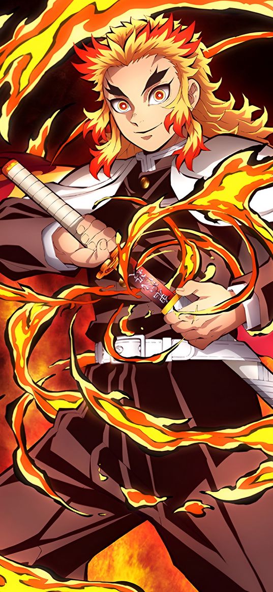 kyoujurou rengoku, demon slayer, anime, guy, warrior, katana, fire, flame, art