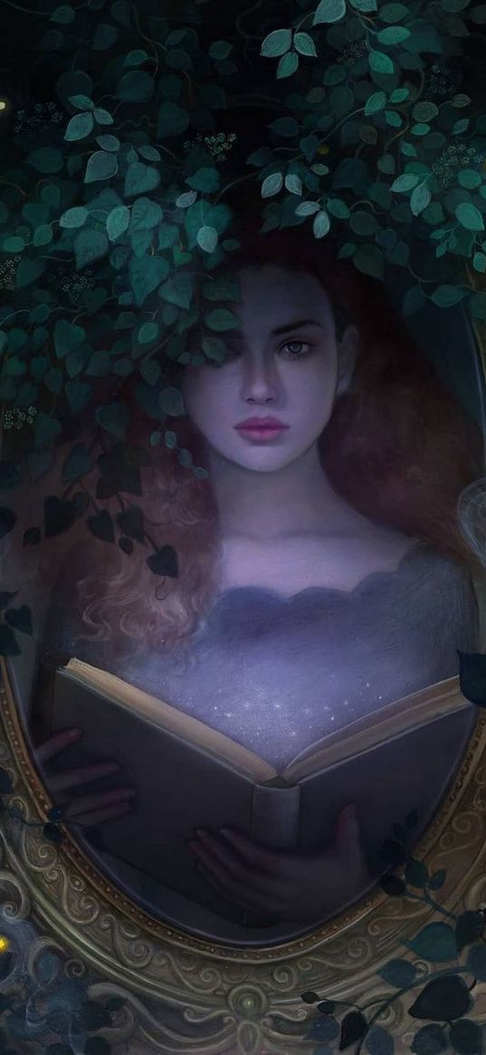 girl, book, mirror, drawing, art