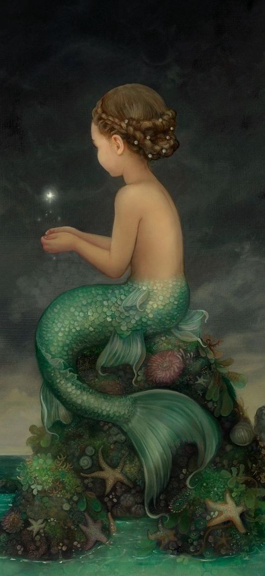 mermaid, girl, tail, firefly, rocks, sea, clouds, cloudy, painting