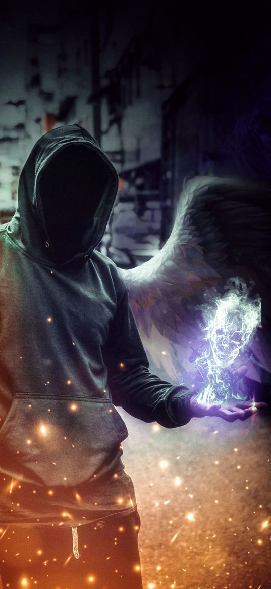 angel, anonymous, hood, hoodie, wings, fire, flame, skull, dragon, sparks