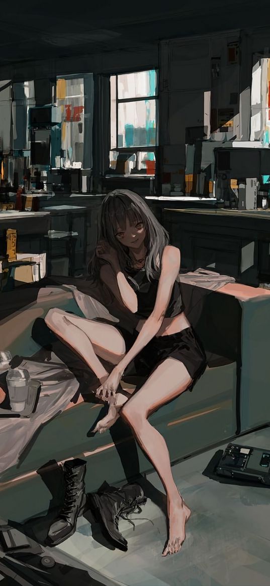 girl, sofa, apartment, mess, anime, art