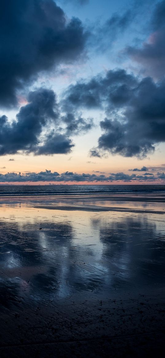 sea, waves, sand, beach, wet, clouds, sunset, nature