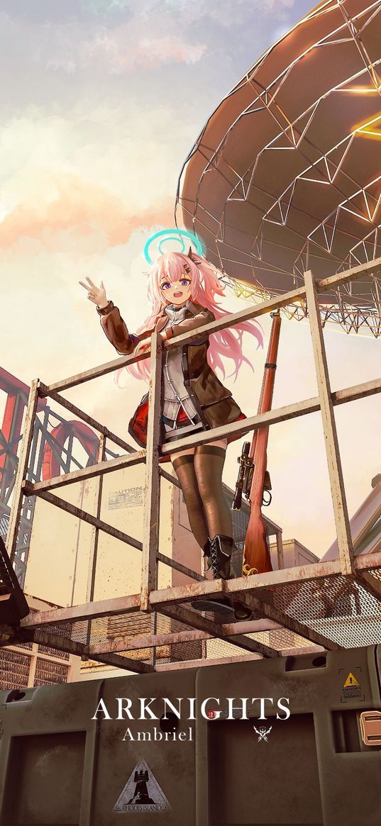 ambriel, arknights, game, anime, girl, pink hair, halo, rifle, satellite dish, art