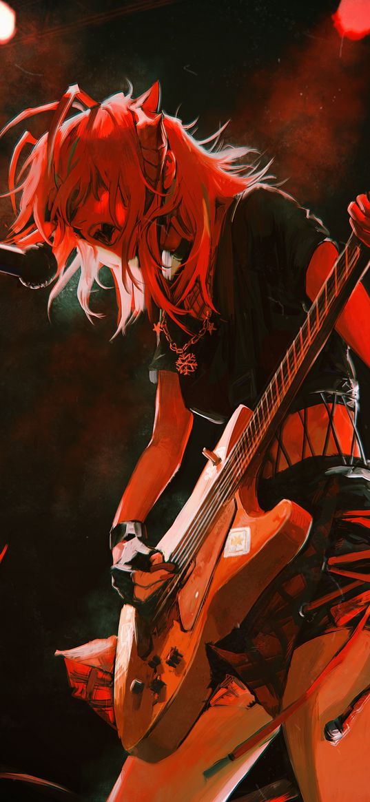 ambriel, arknights, game, anime, girl, guitar, microphone, screaming, singing, concert, red, art