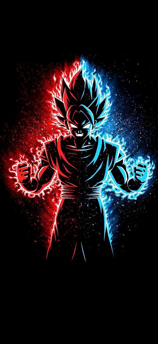 goku, dragon ball, anime, fighter, evil, red, blue, flame, fire, black background, art