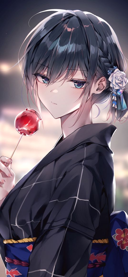 girl, candy, yukata, kimono, rose, anime, art