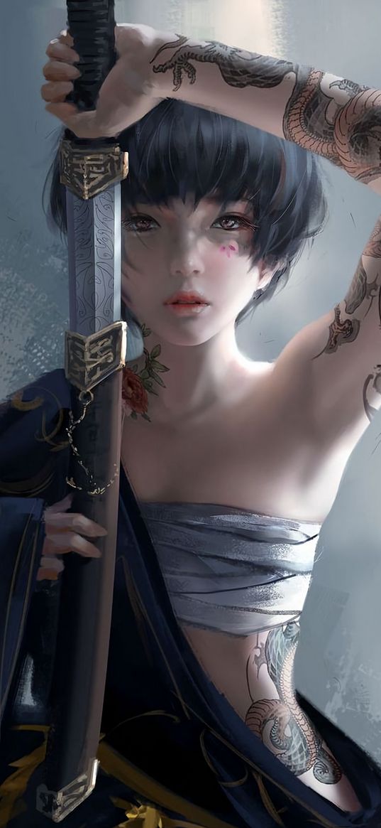 girl, katana, tattoo, bandages, kimono, anime, art