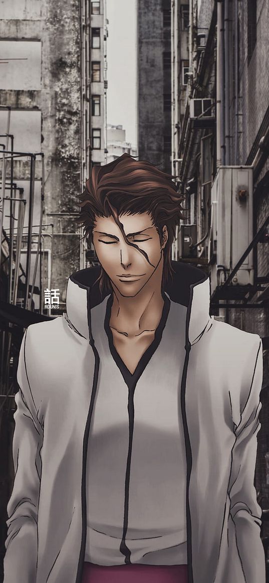 sosuke aizen, bleach, anime, character, city, art