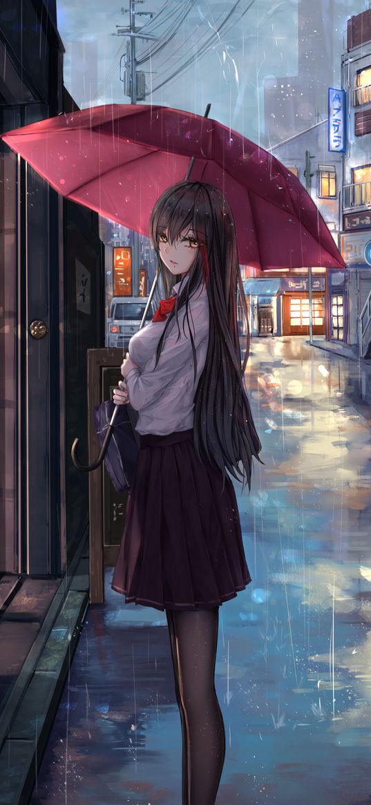 girl, anime, art, rain, umbrella, city