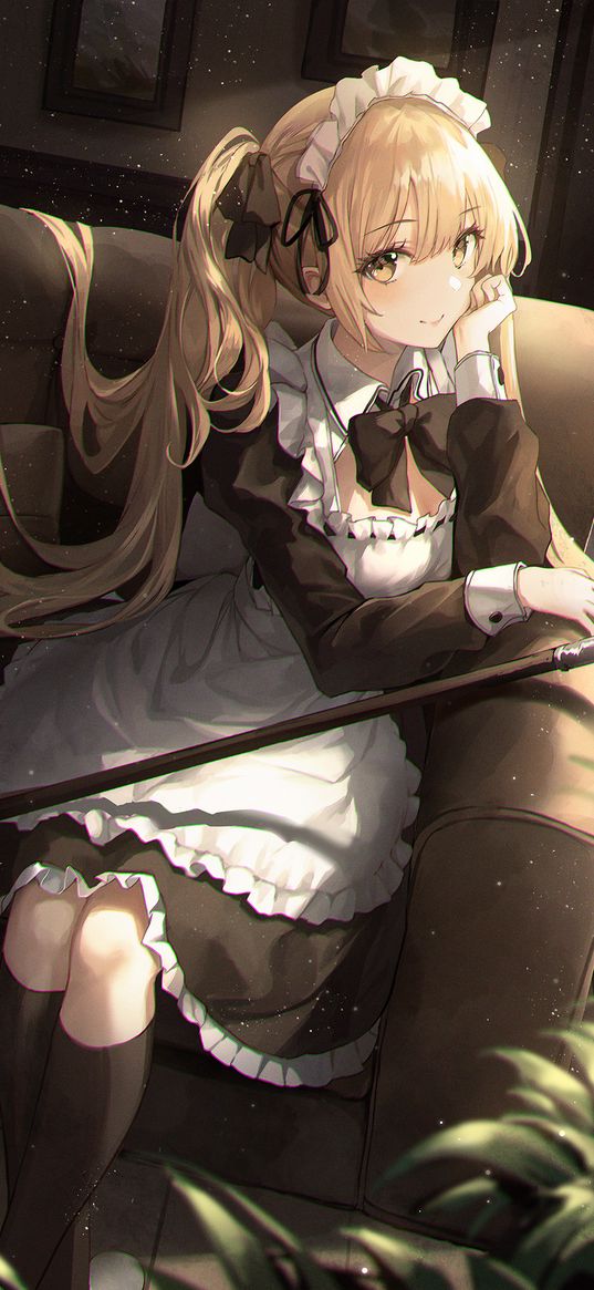 girl, anime, art, maid, mop, sofa