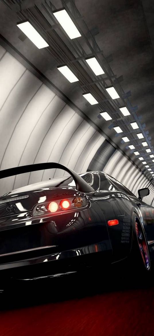 toyota supra, car, tunnel, road