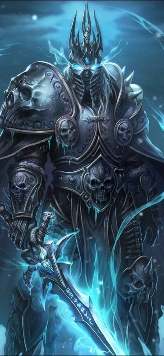 arthas, lich king, world of warcraft, warcraft, wow, game, knight, armor, skulls, spirits, ice, blue, art