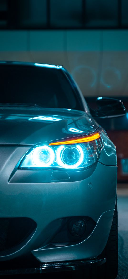 bmw e60, bmw, car, grey, street, headlight, night