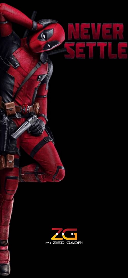 deadpool, superhero, marvel, red suit, mask, gun, black background, text, words, never settle, art