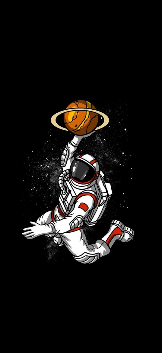 astronaut, ball, saturn, ring, basketball, slam dunk, cosmos, black background