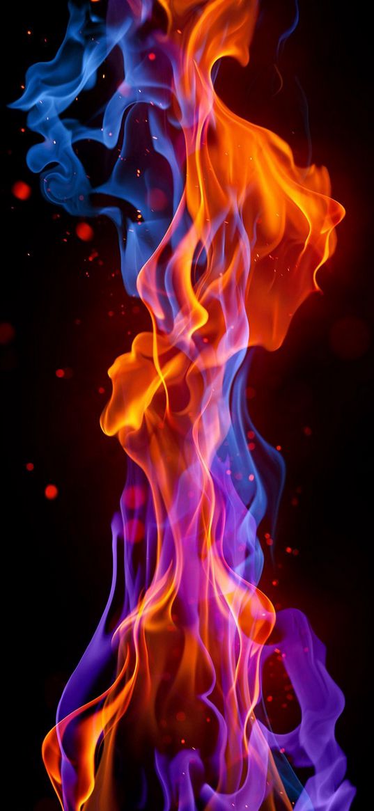 fire, flame, red, blue, sparks, black background