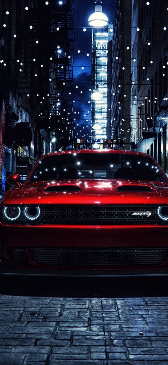 dodge challenger, dodge, red, street, light bulbs, garland, lights, night