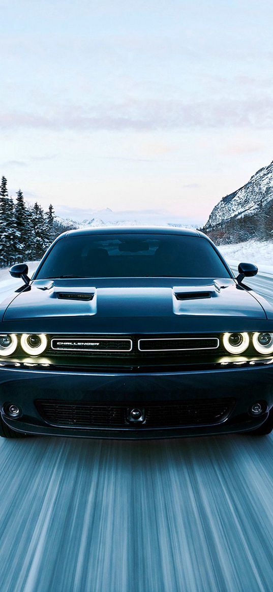 dodge challenger, dodge, black, road, speed snow, winter, nature