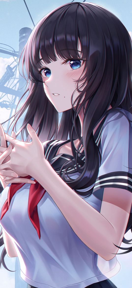 brunette, blue eyes, girl, school uniform, embarrassment, sweetheart, sky, wires, clouds, anime, art