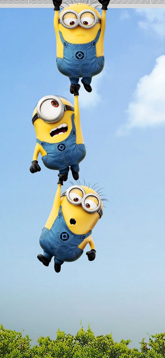 minions, cartoon, team, falling, sky, clouds, tree, art