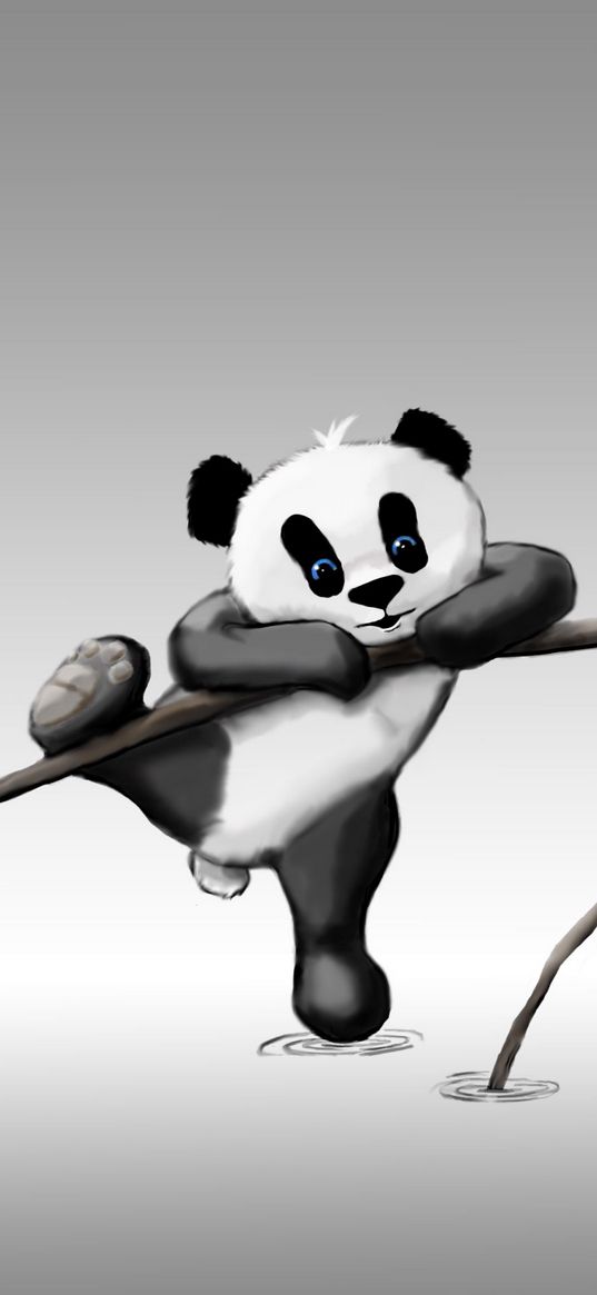 panda, blue eyes, branch, water, climbing, art