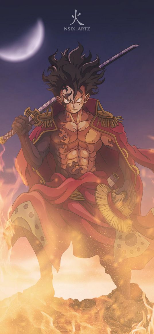 luffy, one piece, anime, guy, warrior, samurai, katana, hat, mantle, fire, moon, art