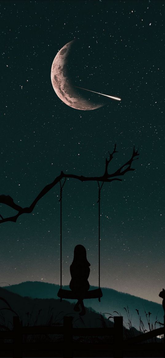 alone, girl, swing, night, moon