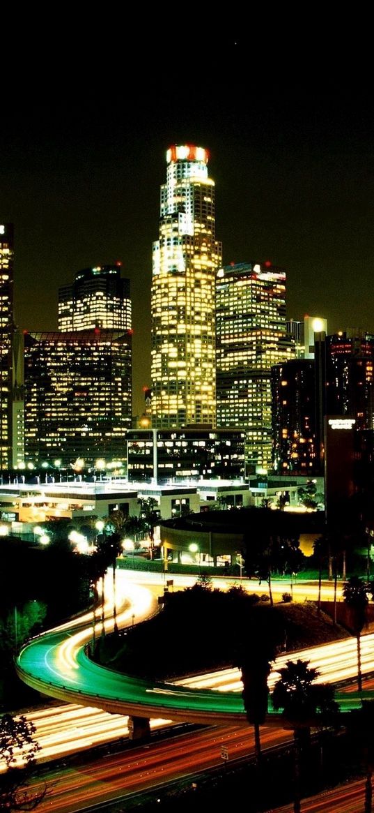 los angeles, city, night, street, skyscrapers