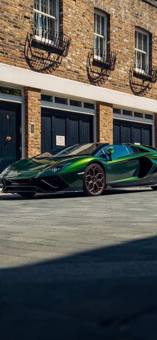 lamborghini, sport car, car, green, street, building