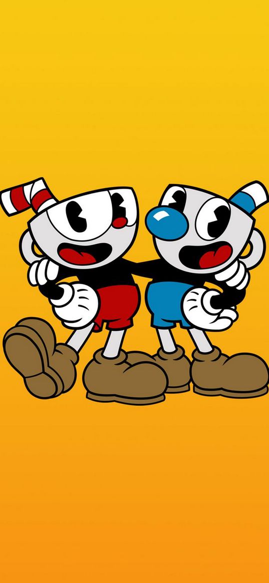 cuphead, game, characters, cups, yellow background, art