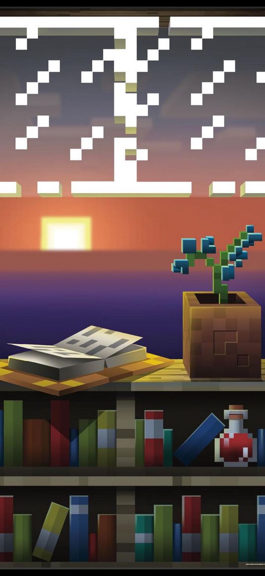 minecraft, game, books, flower, window, pixels, art