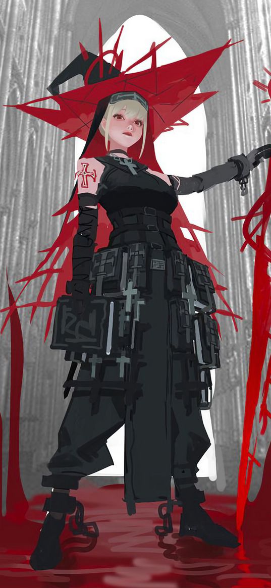 girl, nun, anime, art, red