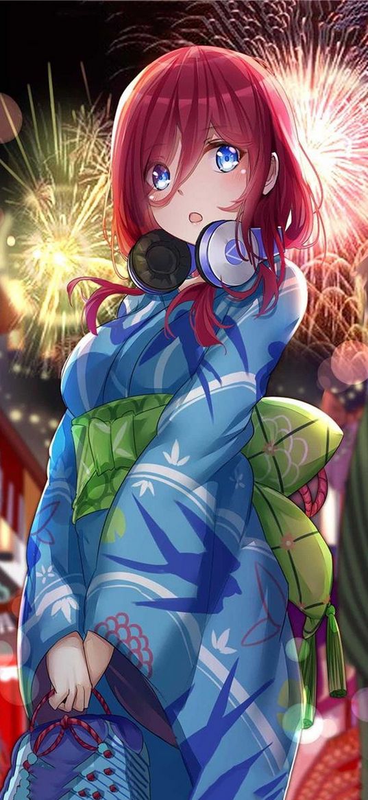 miku nakano, the quintessential quintuplets, anime, girl, kimono, headphones, fireworks, art