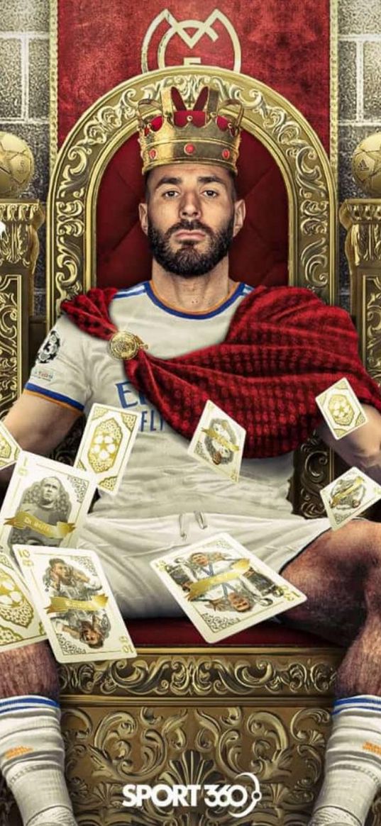 karim benzema, football player, real madrid, football, cards, crown, throne