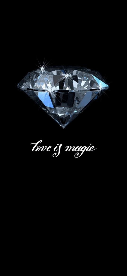 diamond, black background, inscription, love is magic