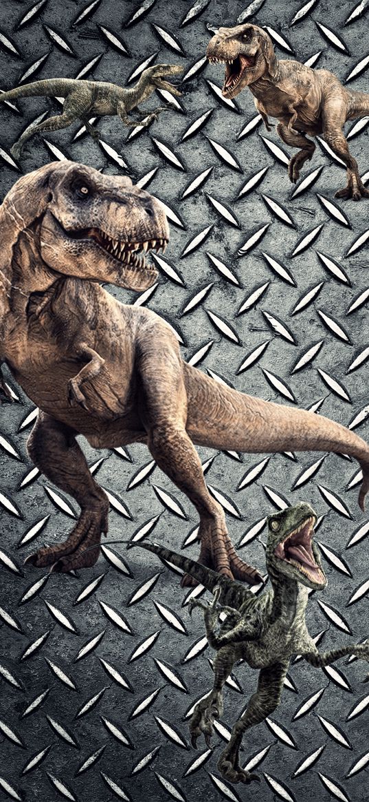 jurassic park, movie, tyrannosaurus, raptor, dinosaurs, metal background