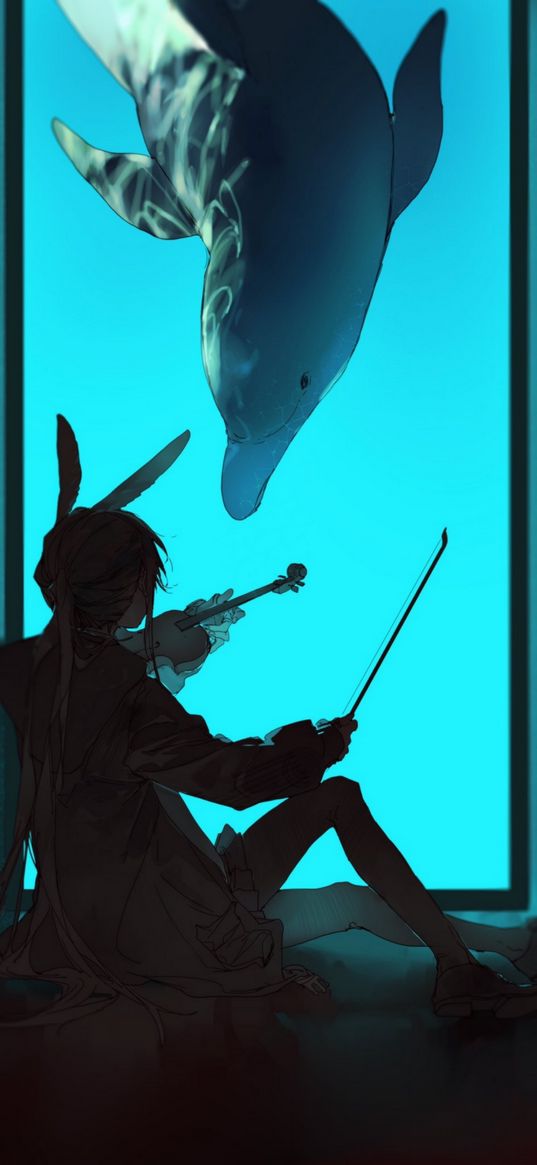 amiya, arknights, game, anime, girl, violin, dolphin, aquarium, art