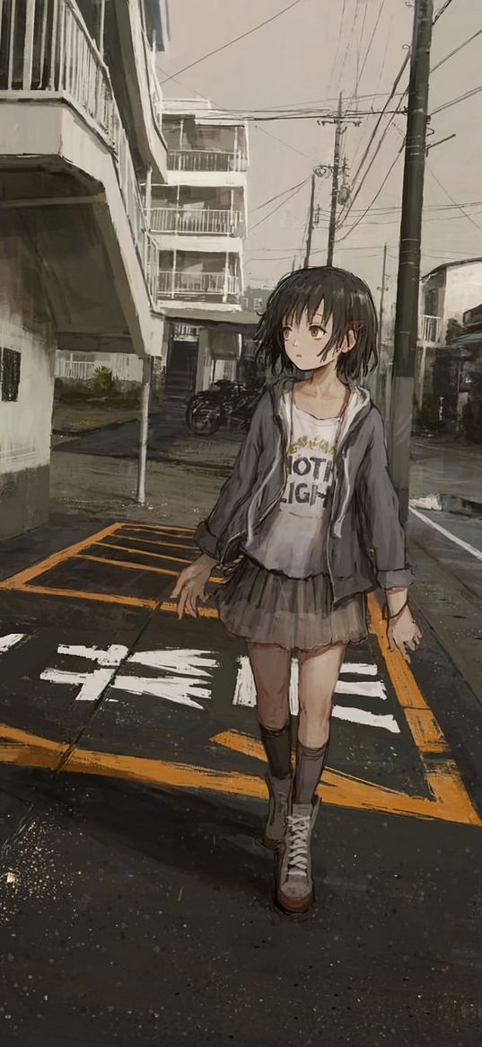 girl, street, slum, skirt, cloudy, anime, art