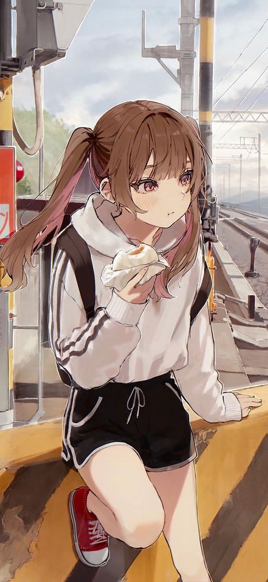 girl, bun, eats, railway, anime, art